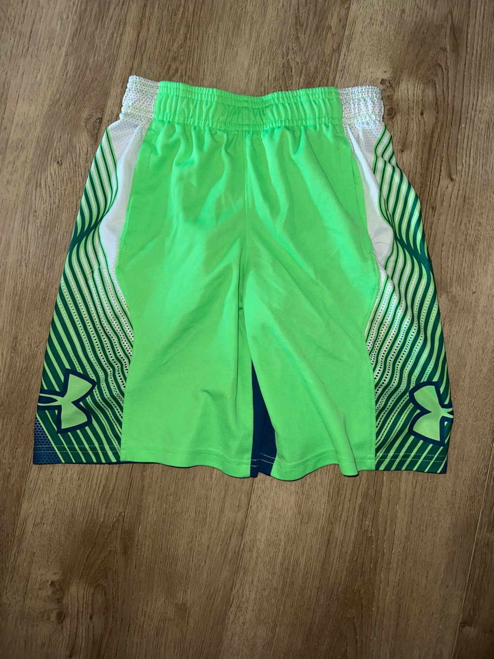 Under Armour Neon Green Athletic Shorts with Navy Graphic Panels